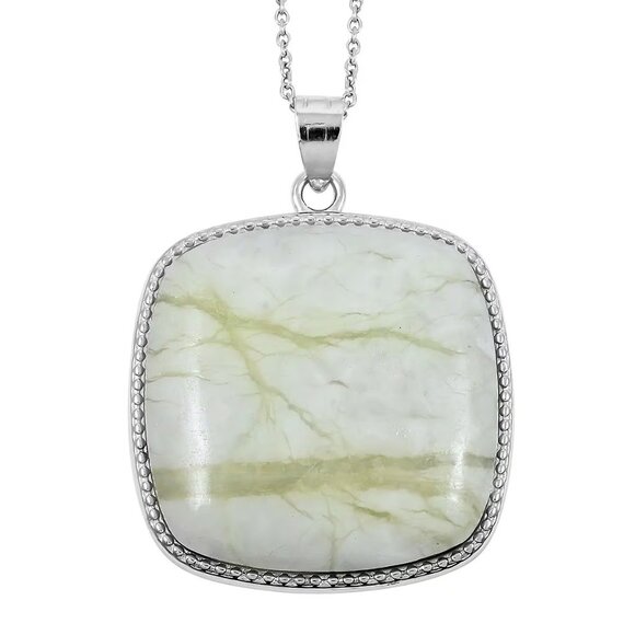 NEW Square Lime Green Serpentine Gemstone Inlay Frame Pendant in Silvertone - Picture 1 of 3